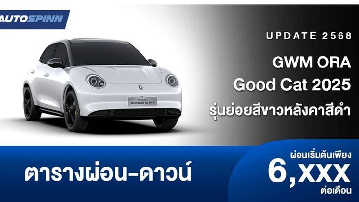 ตารางผ่อน GWM ORA Good Cat 2025 รุ่นย่อยสีขาวหลังคาสีดำลุคใหม่